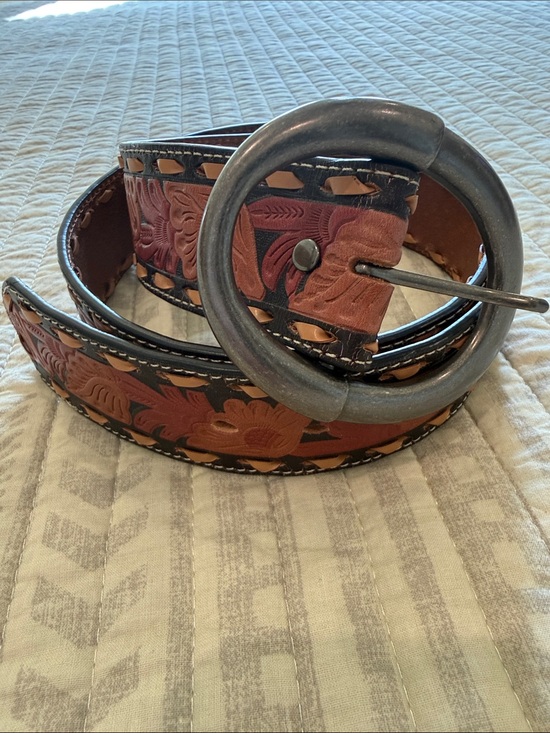 Roper Accessories - Roper Brown and Black Tooled Floral Leather Belt with Round Metal Buckle